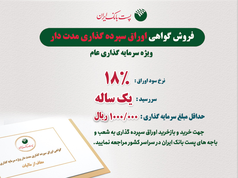 به گزارش خبر انرژی و به نقل از اداره کل روابط عمومی پست بانک ایران، بر اساس بخشنامه ۰۱/۲۶۶/ب مورخ ۱۴۰۱/۱۱/۰۳ معاونت سازمان و برنامه‌ریزی بانک که بر اساس بخشنامه ۰۱/۱۳۴۲۲ مورخ ۱۴۰۱/۰۱/۲۳ بانک مرکزی جمهوری اسلامی صادر شده است، فرآیند فروش و بازخرید اوراق گواهی سپرده مدت‌‌دار ویژه سرمایه‌گذاری (عام) با نرخ ۱۸ درصد  با سررسید یکساله و نرخ بازخرید قبل از سررسید ۱۰درصد است.